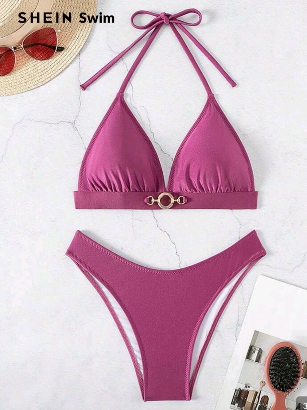 SHEIN Pink Halter Triangle Bikini with Gold Ring